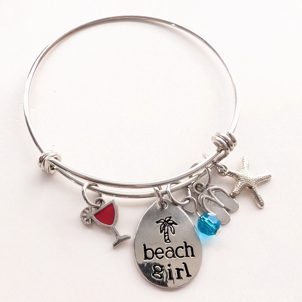Coastal Beach Layering Silver Tone Beach Girl Sandals Starfish Charm Bracelet